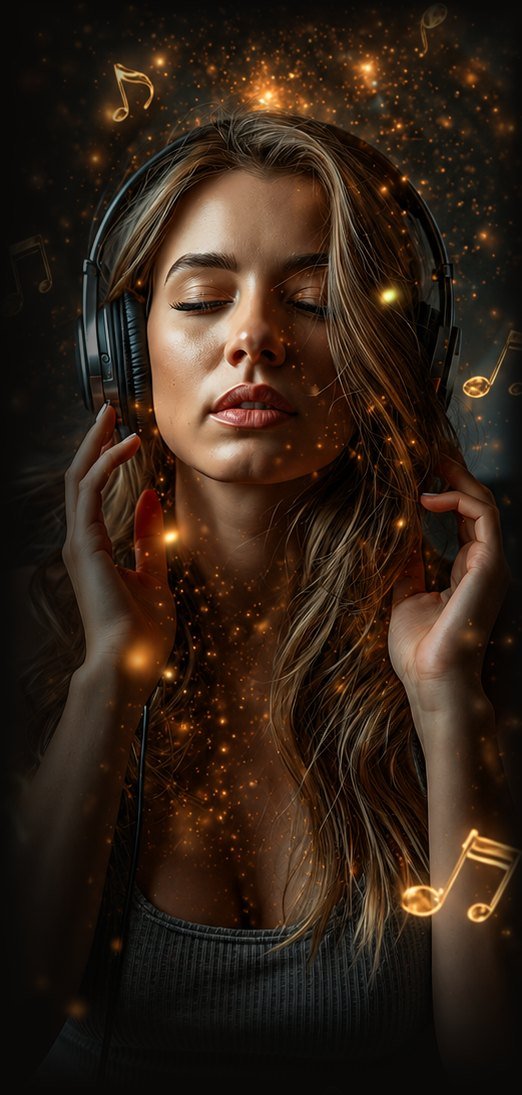 Mujer con auriculares escuchando música con los ojos cerrados